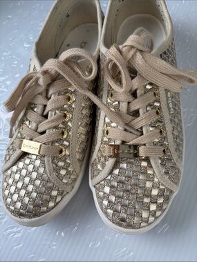 bebe Metallic Beige Woven Lace-Up Sneakers with Gold Accents
